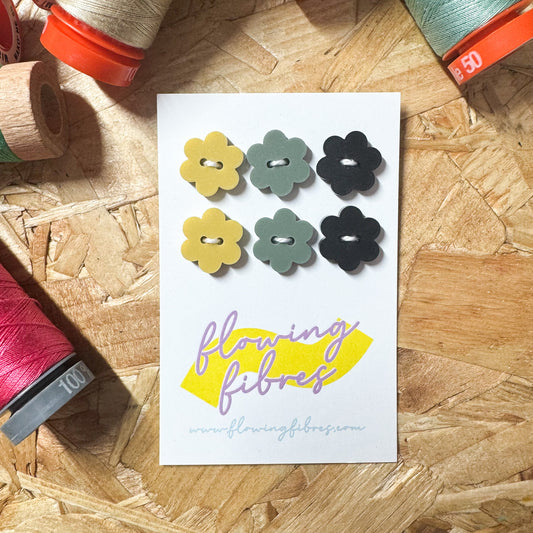 Mustard Khaki Black Daisy Buttons - 15mm